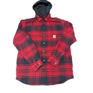 Carhartt Relaxed Fit Flannel Fleece Lined Hooded Snap Jacket red plaid Medium